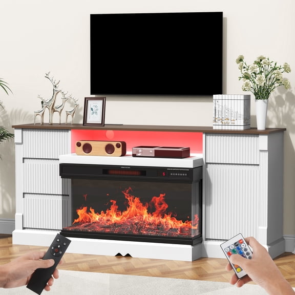 LHYY Modern 3-Sided Glass TV Stand with Electric Fireplace for TVs up to 80",Entertainment Center with LED Lights,Storage Cabinet Drawers for Living Room