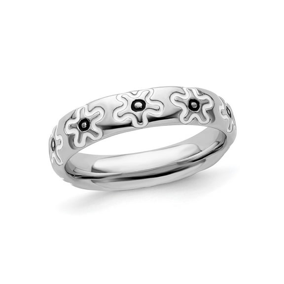 Gem & Harmony Sterling Silver Flower Ring band with Black Enamel for Women