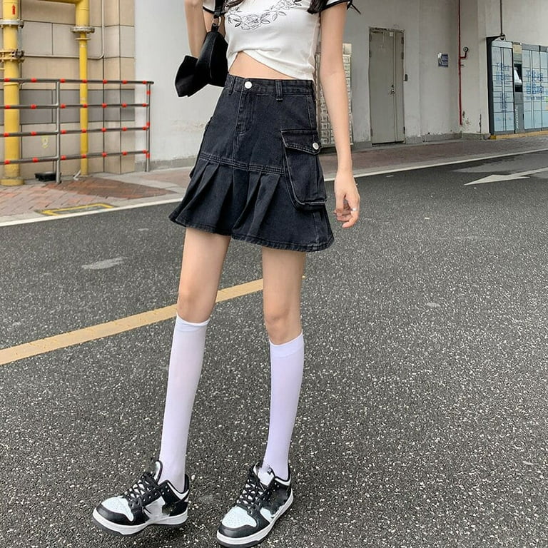 DanceeMangoo Korean Fashion Denim Mini Skirts Women Black High Waist Patchwork Pleated Skirt Woman Elegant Chic Pockets Short Skirt