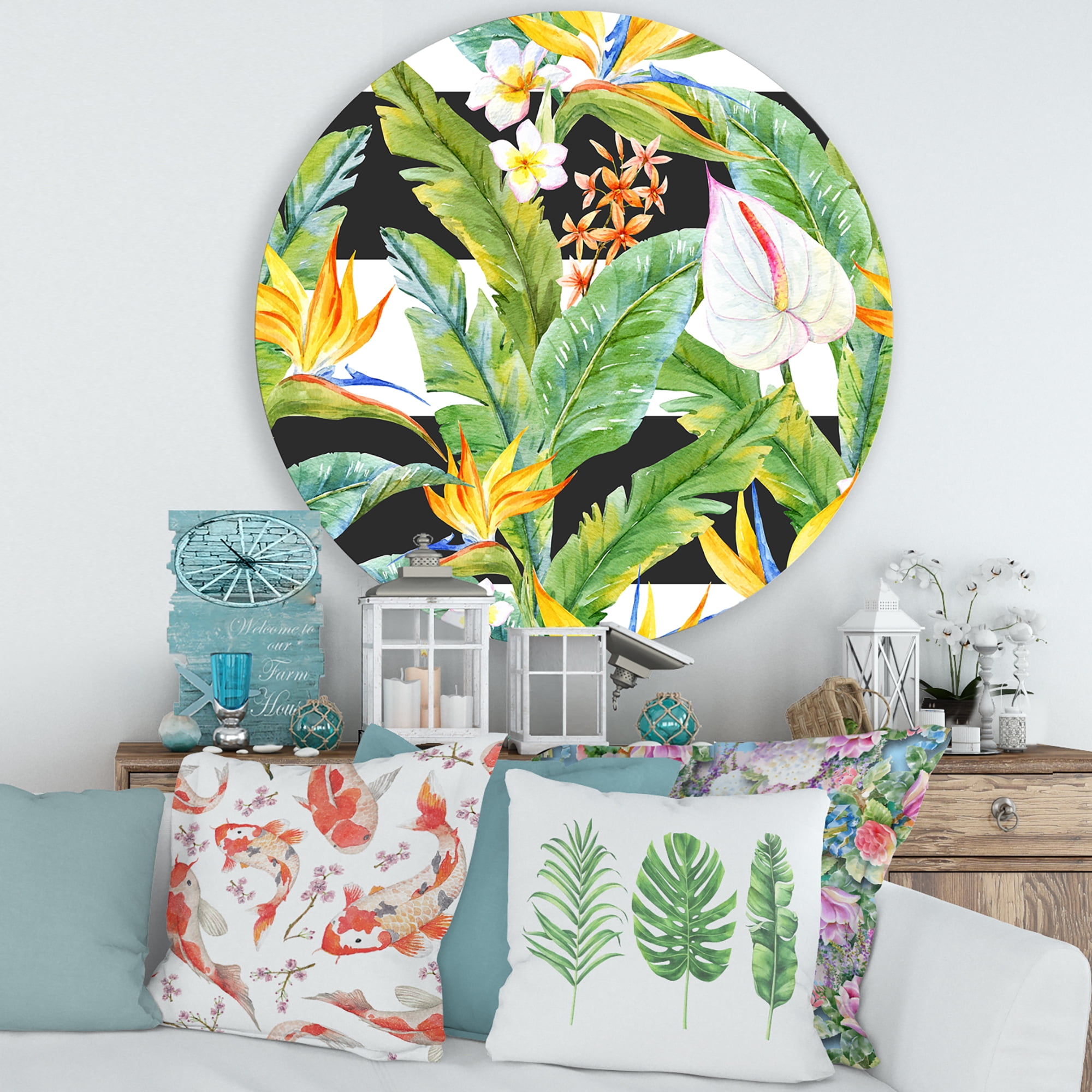 Designart 'Yellow Flowers and Tropical Foliage IV' Modern Circle Metal Wall Art 36x36 - Disc of 36
