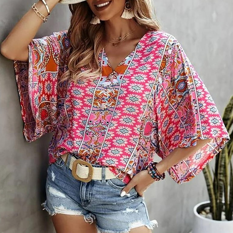 Boho Tops for Women Loose Fit Casual Bohemian Printed Loose Short Sleeve  V-neck Pullover Blouse Floral Shirt