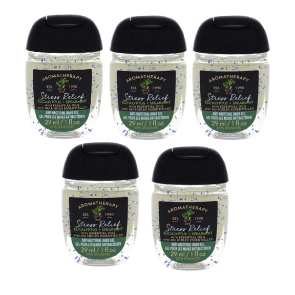 Bath and Body Works Aromatherapy - Stress Relief Eucalyptus Spearmint with Essential Oil PocketBac Sanitizer Hand Gel 5-PACK