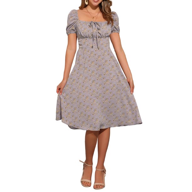 Vestido de mujer con fruncido, escote cuadrado, dobladillo con volantes y estampado floral XL en púrpura polvo
