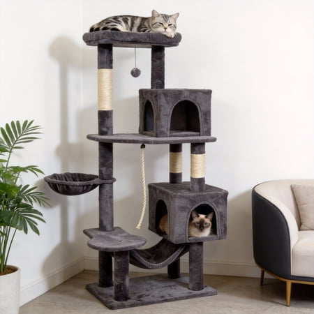 Baohe Cat Tree, 59-Inch Large Cat Tower, Multi-Level Plush Condo with Large Perch, Scratching Posts, Double Caves, Gray