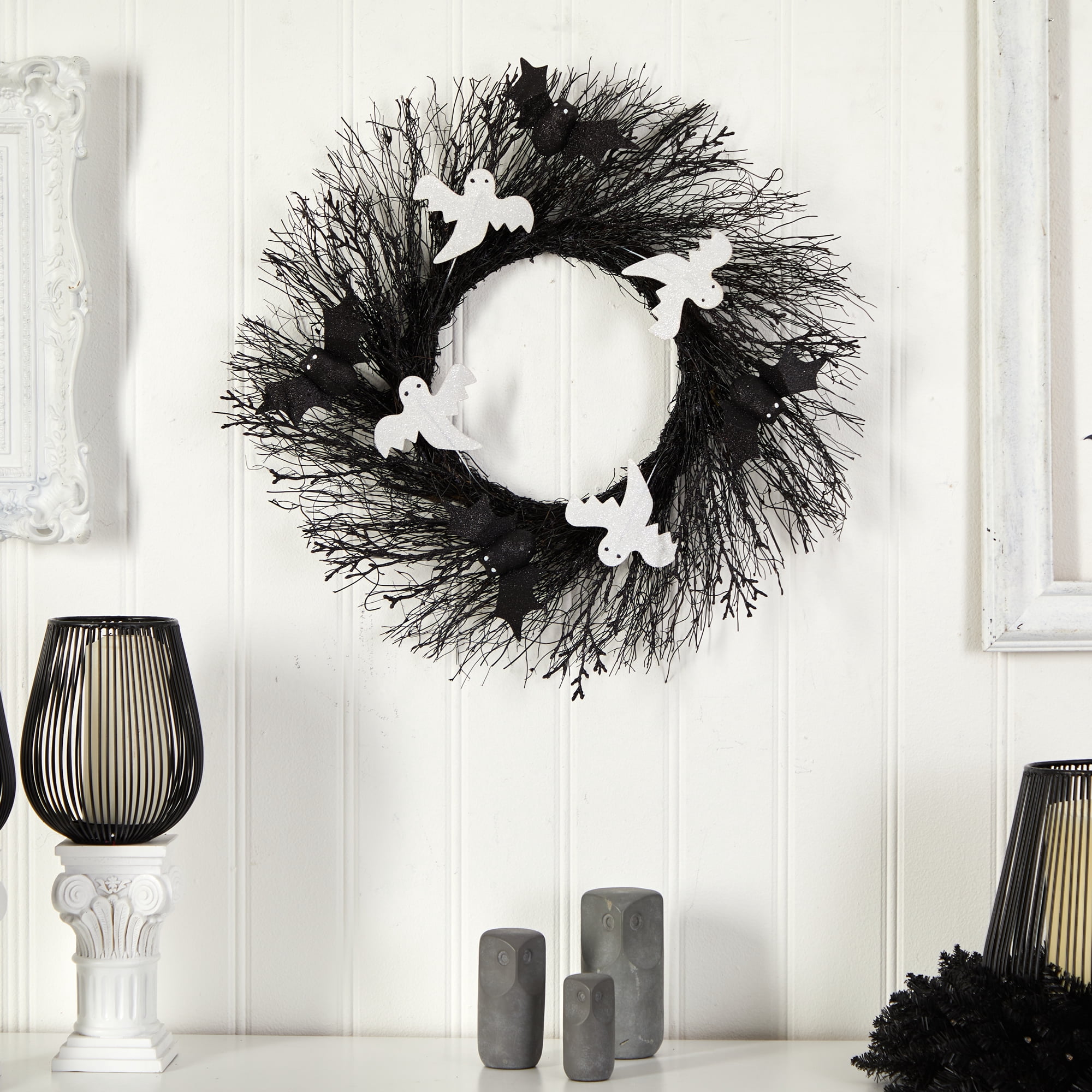 Nearly Natural 22in. Halloween Ghost and Bats Twig Wreath