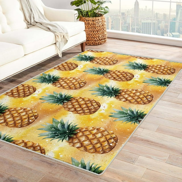 Pineapple Rugs for Living Room Bedroom - Fruit Rug 5x7 - Yellow Carpet for Home Decor - Washable Non Slip Patterned Indoor Large Area Rug - Soft & Low Pile (ZK&861)