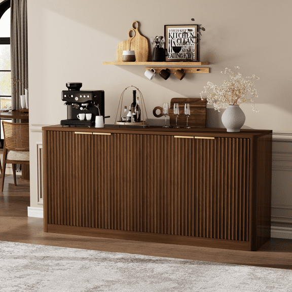 UZUGUL Walnut Sideboard Cabinet Farmhouse Fluted 4 Doors with Adjustable Shelves 1-Pack 59 Inch