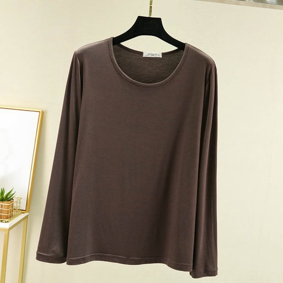 UVEASISHA Long Sleeve Pajama Tshirt for Women Modal Crew Neck Nightwear Tops Lightweight Comfy Lounge Clothes Coffee L