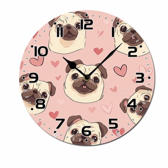 ZXCXRQFa Silent Clocks Cute Pug Themed Wall-Clock for Girls Bedroom Analog Battery Operated 10 Inch - Round Wood Wall Clock Silent Non-Ticking Bathroom Bedroom Decor