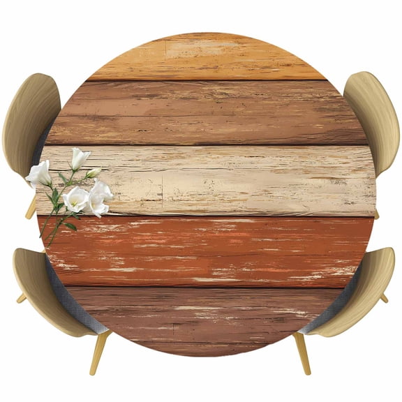 Farmhouse Burnt Orange Brown Round Tablecloth, Fitted Table Cover with Elastic for 45"-54" Round Tables, Vintage Wooden Striped Table Cloth Outdoor Indoor Dinning Party Waterproof Tablecloths