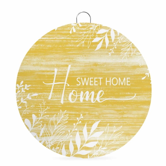 Welcome Sign for Front Door, Vintage Mustard Yellow 8 Inch Round Metal Sign for Home Decoration, Farmhouse Florals Leaf Coastal Sweet Home Decorative Wall Signs for Holiday Party Supplies Decor