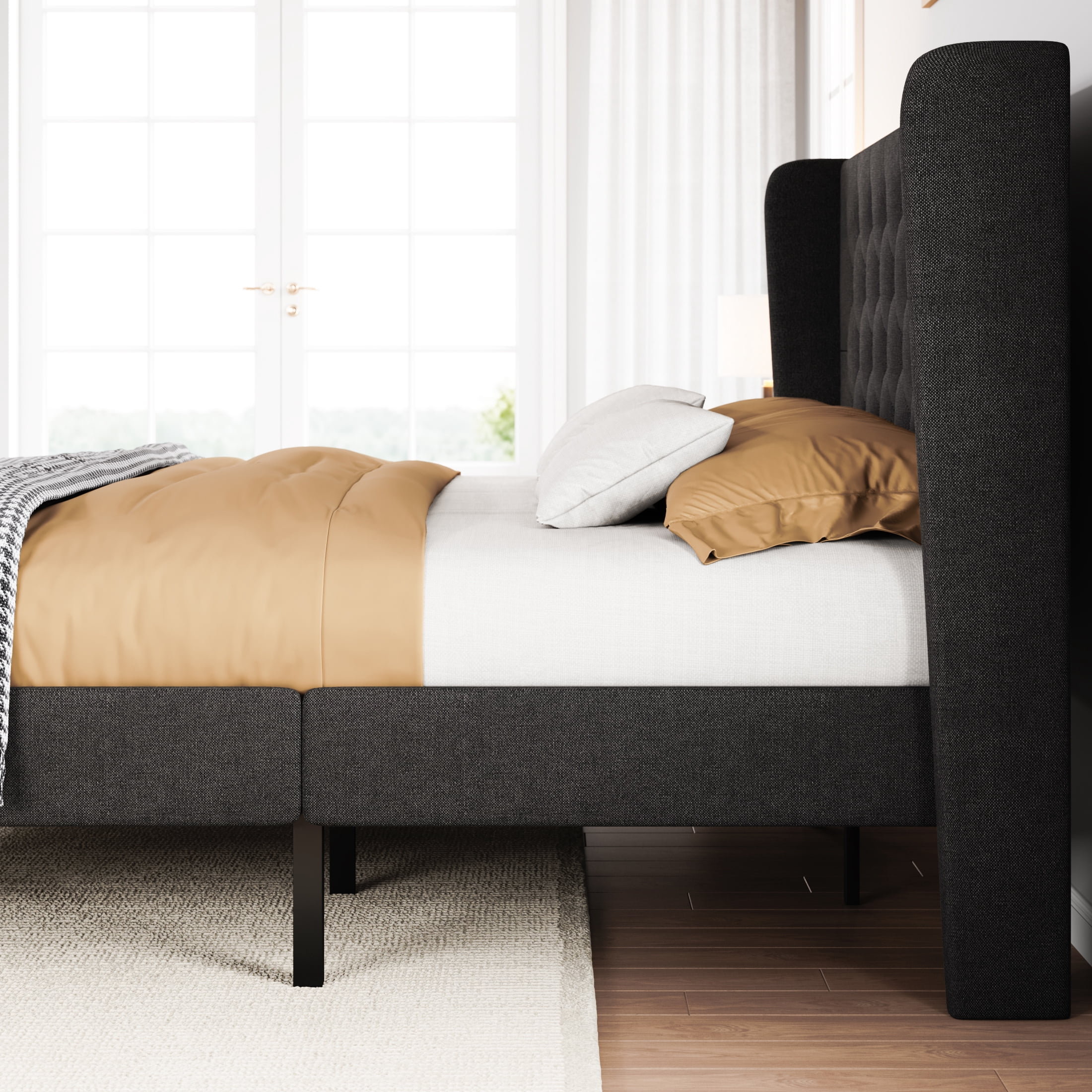 SHA CERLIN King Size Platform Bed Frame with Fabric Wingback&Tufted Upholstered Headboard, Dark Grey