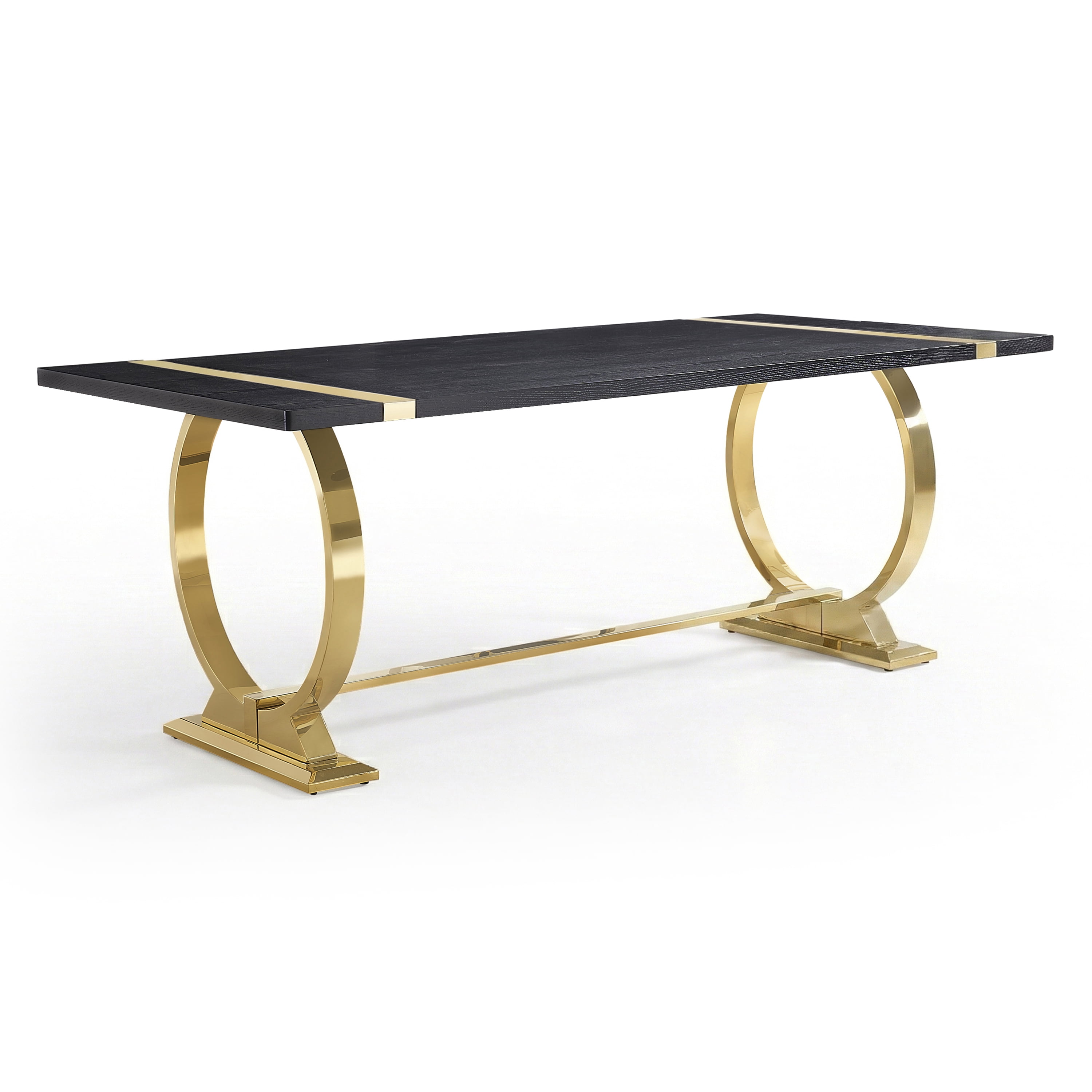 Furniture of America Gaius Glam Wood 80" Rectangle Dining Table with O-Shaped Stainless Steel Trestle Base, Black and Gold