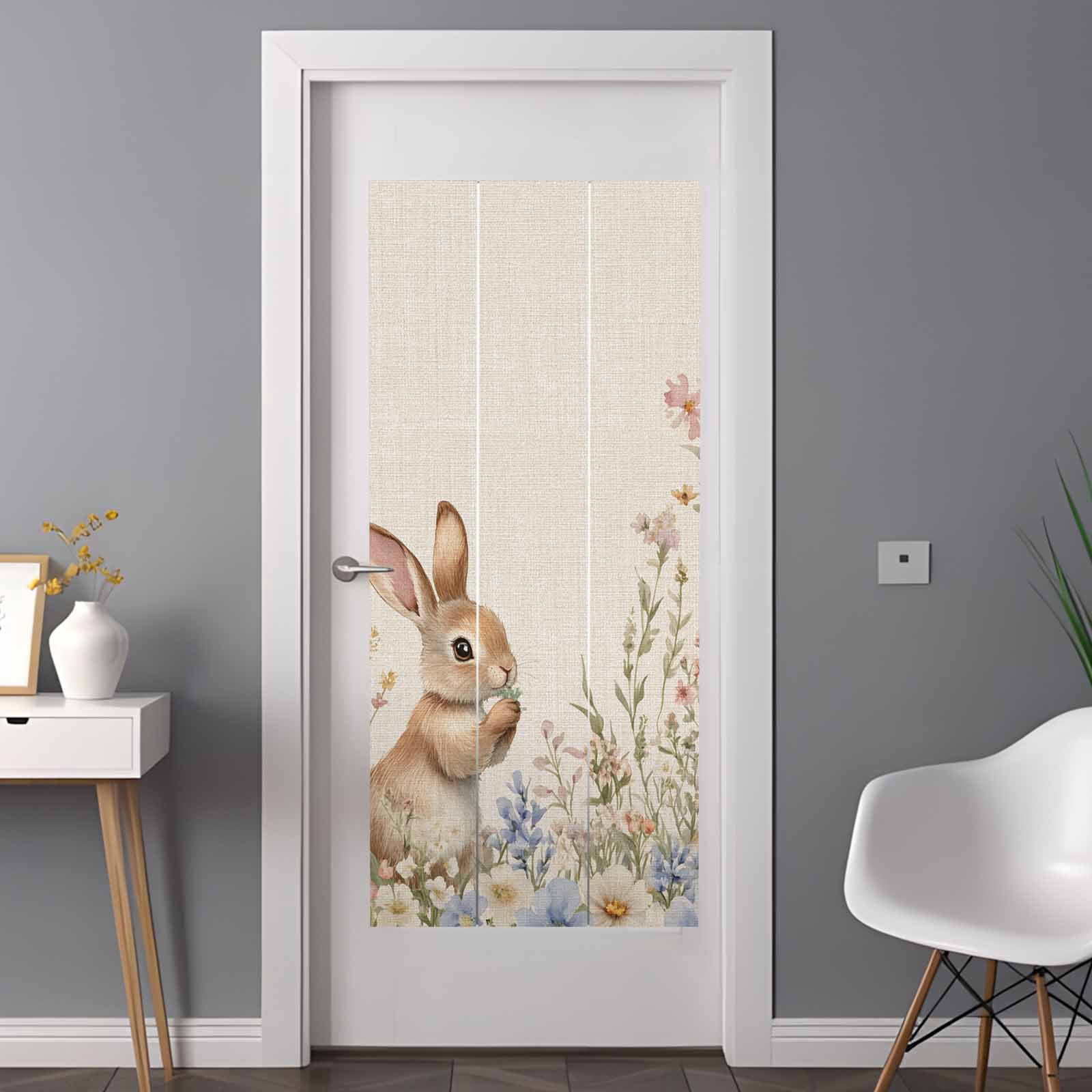 Easter Rabbit Window Privacy Film, Yellow Bunny Spring Colorful Floral Leaf Linen Texture Frosted Glass Window Clings Static Cling Heat Blocking Reusable Door Sticker for Bedroom 35.4x78.7 Inch
