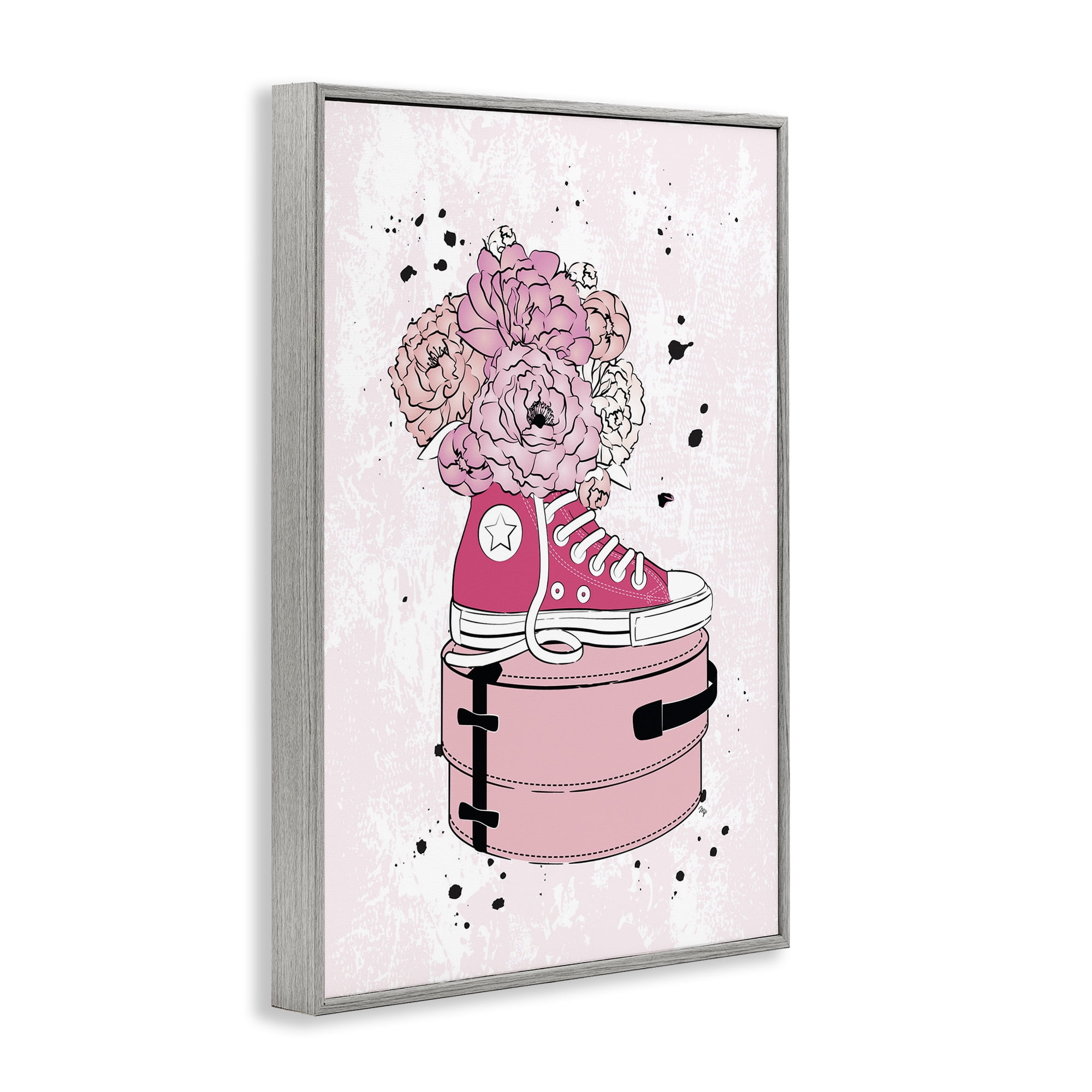 Stupell Industries Pink Floral Sneaker Beauty & Fashion Painting Gray Framed Art Print Wall Art, 20 x 30