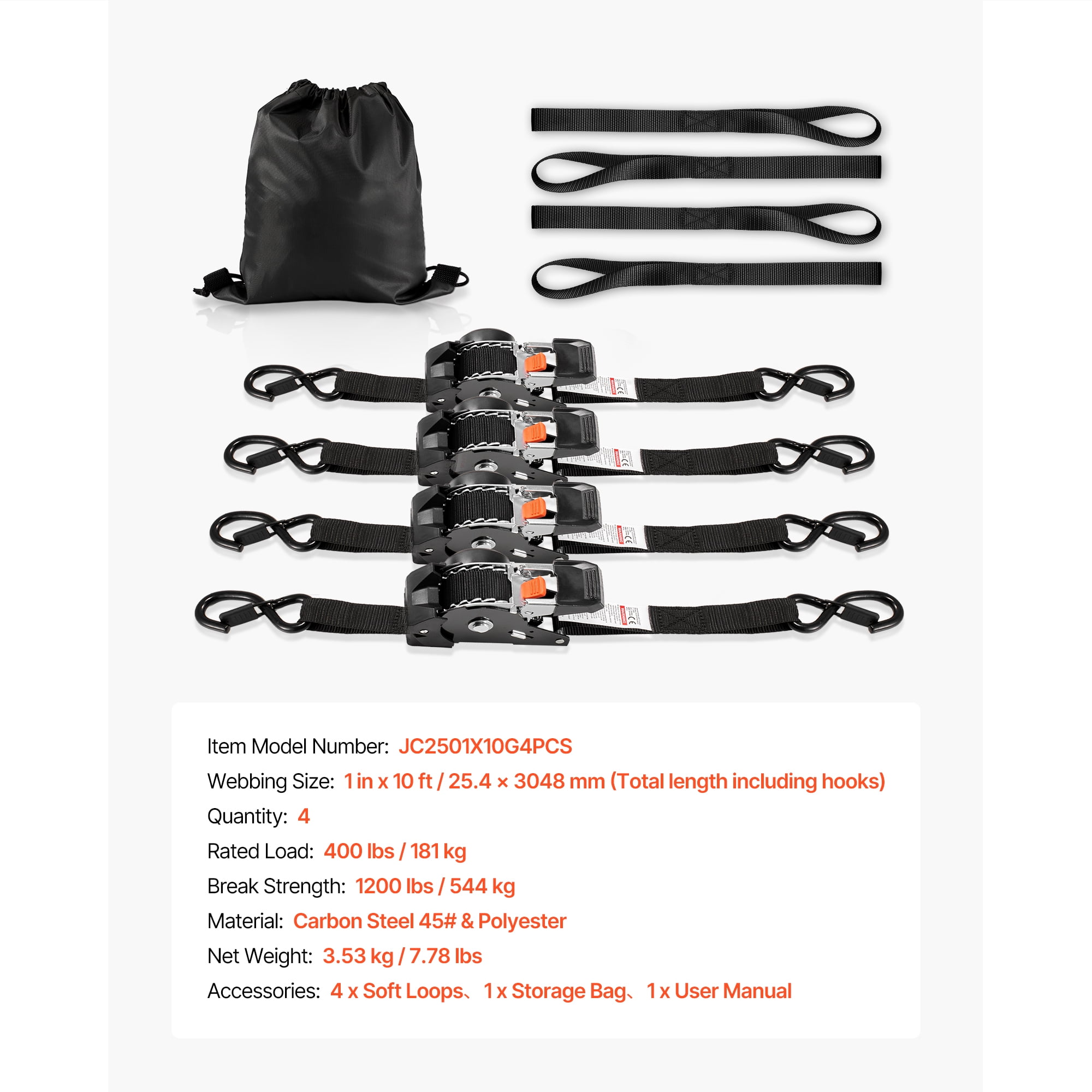 KFFKFF Retractable Ratchet Straps, 1 in x 10 ft, Tie Down Straps with S Hooks, 1200 lbs Break Strength, Includes 4 Soft Loops, Ideal for Securing Cargo, Trailers, Motorcycles, Kayaks, Car Roof
