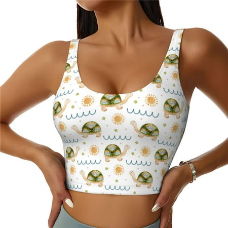 Jgfou Sea Turtle Basking in the Sun Print Womens Sports Bra - Padded Workout Sports Bras Crop Tank Top