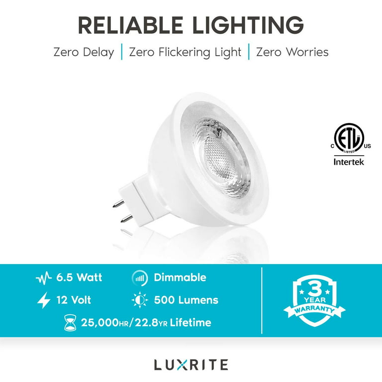 Luxrite MR16 LED Dimmable Spot Light Bulb 6.5W 50W Equivalent 3000K Soft  White, 500 Lumens, GU5.3, 6-Pack 