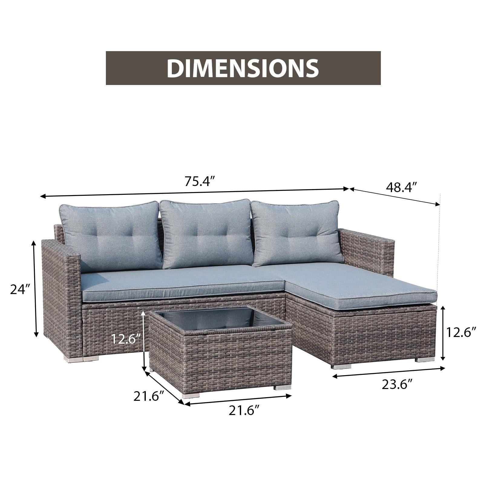 JOIVI 3 Pieces Patio Conversation Set, PE Wicker Rattan Outdoor Furniture Set, 2 Ways Small Sectional Sofa, Tempered Glass Coffee Table, Silver-Gray