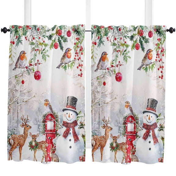 Christmas Kitchen Curtain 2 Panels Tiers Curtains 45 Inch Length, Snowman Elk Snowflake Xmas Botanical Curtains Rod Pocket Curtains Window Drapes Treatment Window Cafe Curtains