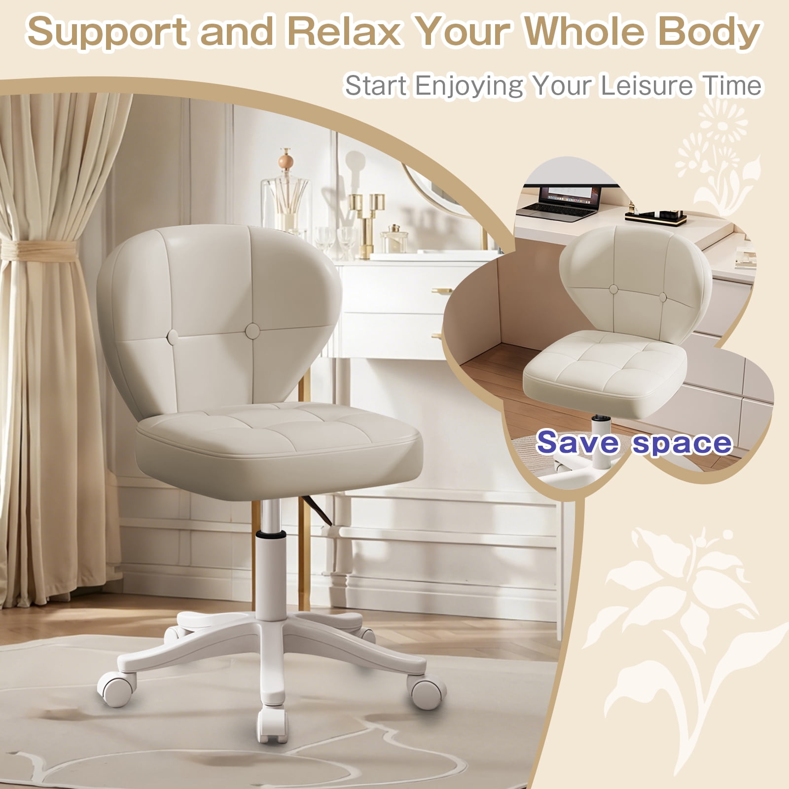 Vanity Chair with Back – Small Armless Office Chair with Wheels, Lumbar Support, PU Leather, Adjustable Height, 360° Swivel for Home, Bedroom, Office White
