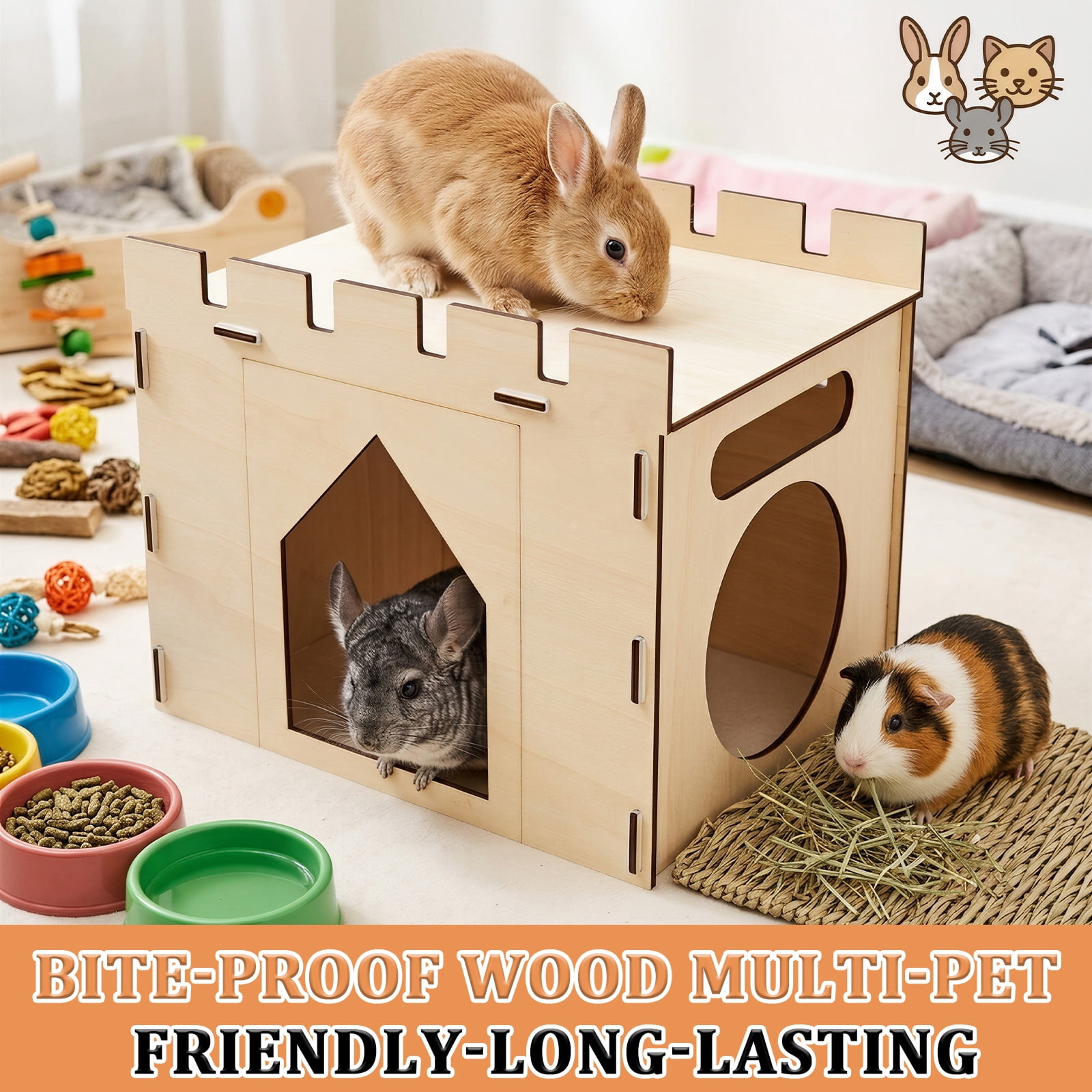 Wooden Bunny Castle House Easy Assembly Large Rabbit Hideout House Detachable Rabbit Castle Playhouse for Guinea Pig Chinchilla Gift for Rabbit Lover Wood