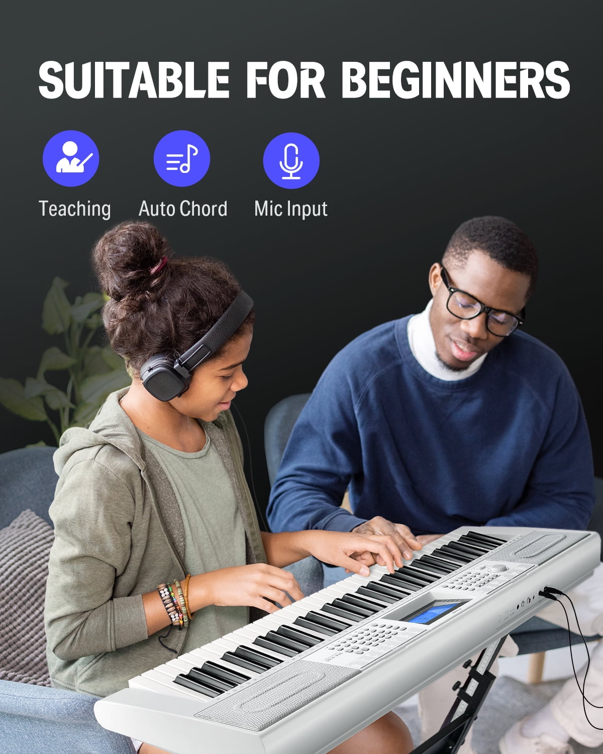 Donner Keyboard Piano 61 Key, Electric Keyboard Kit with 249 Voices - Includes Piano Stand, Stool, Microphone, Gift for Beginners, White (DEK-610S)
