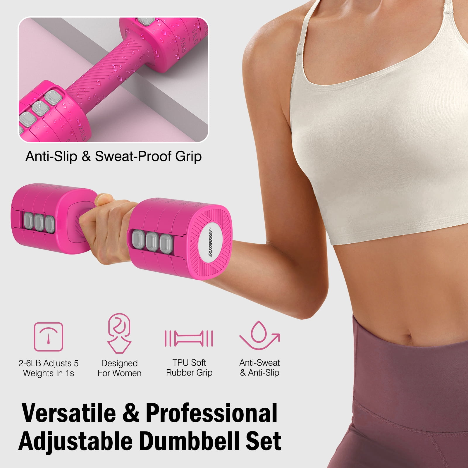 EAST MOUNT Adjustable Dumbbells Set of 2 - Women Hand Weights 2lb/3lb/4lb/5lb/6lb Weight Set 12 lbs/Pair Hand Weights for Home Office Gym Workout