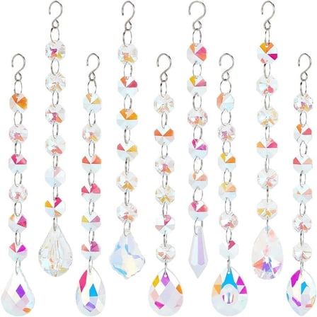 9Pcs AB Color Faceted Glass Suncatchers Multiple Shapes Rainbow Maker Hanging Crystals Suncatcher Pendants Decoration with Crystals Beads for Windows Office Home Garden