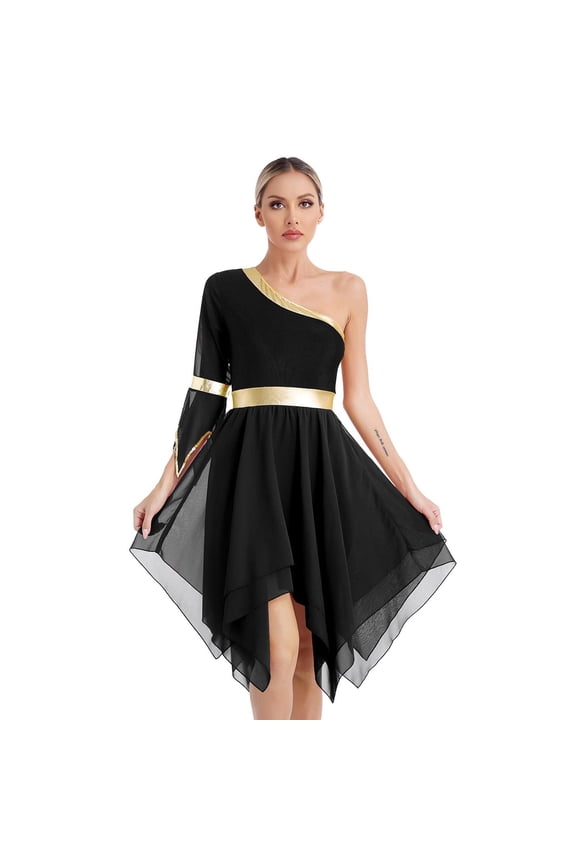 Women's Irregular Liturgical Praise Worship Dance Dress One Shoulder Sequin Trim Tunic Black XL