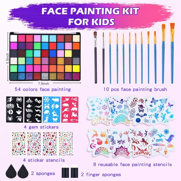 54 Color Face Painting Kit with Stencils, Brushes, Sponges, Gems, and Water Activated Paint for Halloween, Parties, and Events