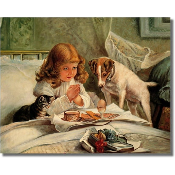 Little Girl Praying in Bed Breakfast Dog and Cat Religious Wall Picture Art Print