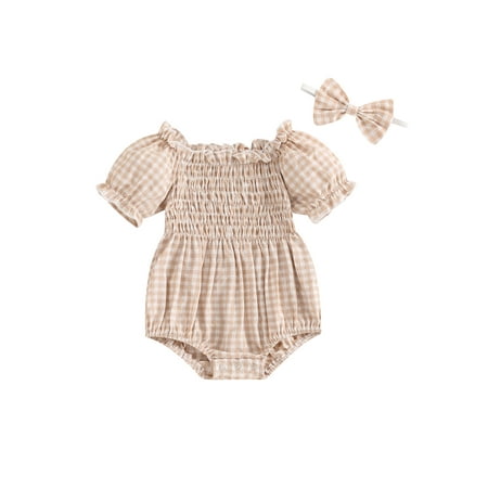 

Niceyoeuk Baby Romper Short Sleeve Off Shoulder Plaid Romper with Headband