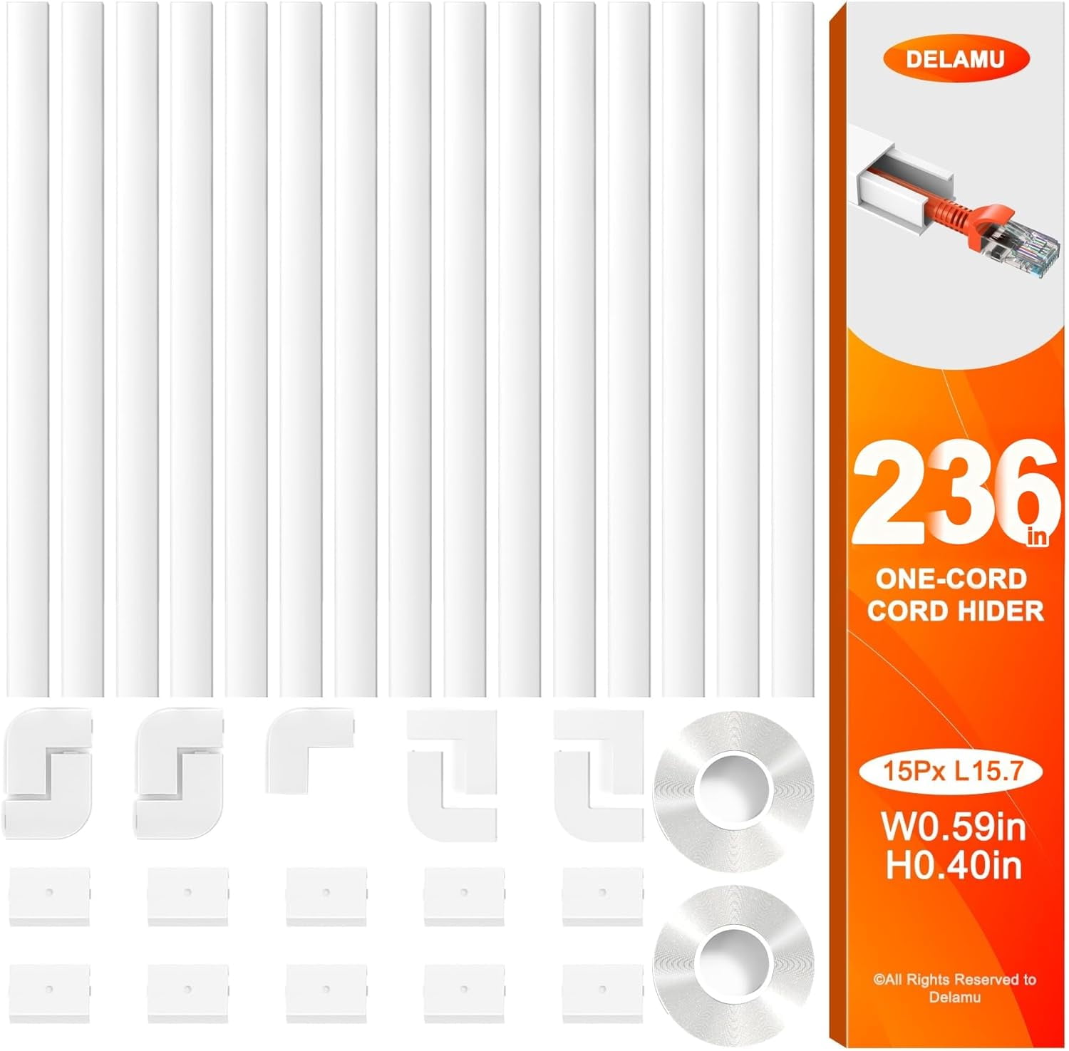 FEFEFW-236in Cord Hider, One-Wire Cord Covers for Wires on Wall, Easy-to-Install Cable Hiders for Mounted Tv, Cable Management Kit, Cable Raceways, W0.59 H0.4in, White