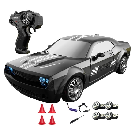 Remote Control Car Toy , 1 Remote Controller With 4 Traffic Cones 8 Tires 1 Screwdriver 1 Charging Cable, Black Rc Car With Cool Lights For Boys Girls Indoor Outdoor Play