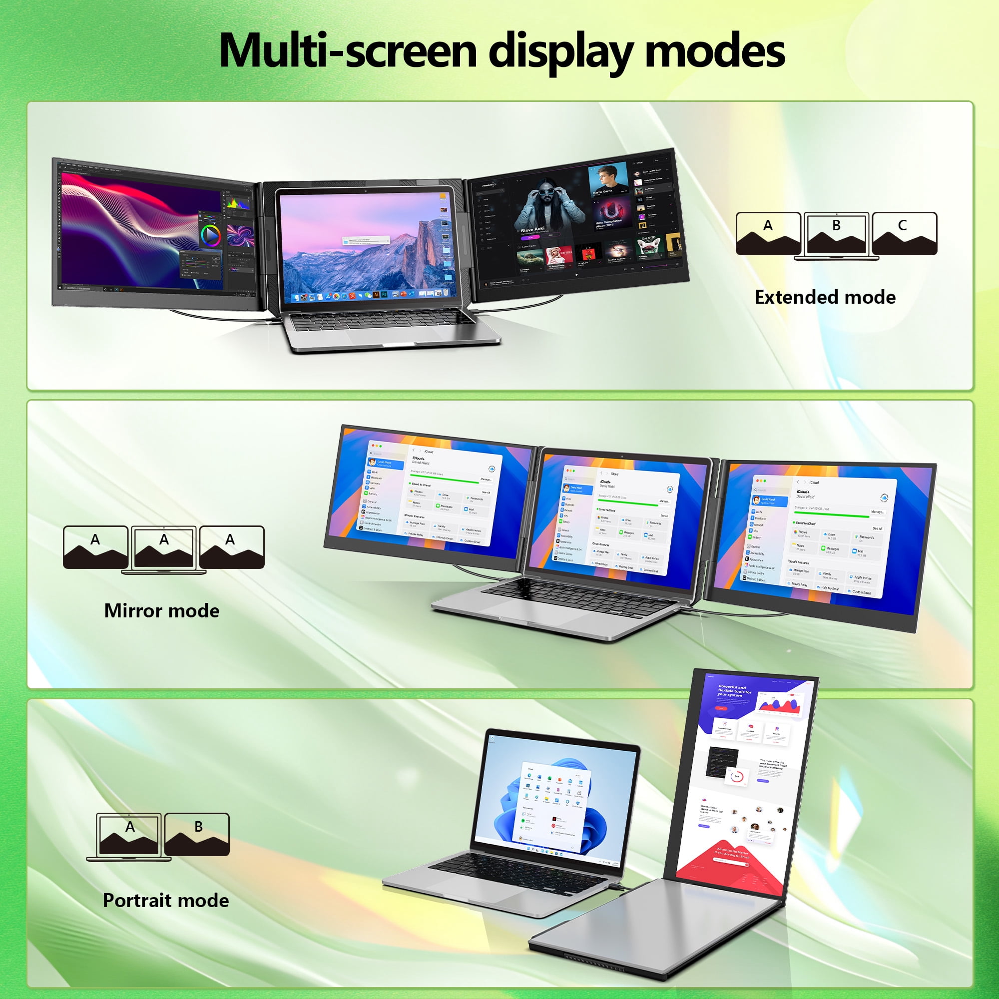 Laptop Screen Extender, 15.6” Ultra-Slim Triple Portable Monitor, 1080P FHD IPS Display, USB-C/USB-A Connection, Travel Monitor for 12–17" Laptops, Windows/Mac/Android