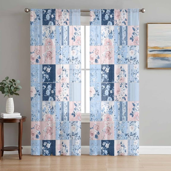 Pink Floral Blue Semi Sheer Curtains 84 Inch Length 2 Panels Set, Farmhouse Botanical Vintage Leaves Sheer Kitchen Curtain Privacy Voile Window Curtain for Living Room Bedroom Rod Pocket Drapes