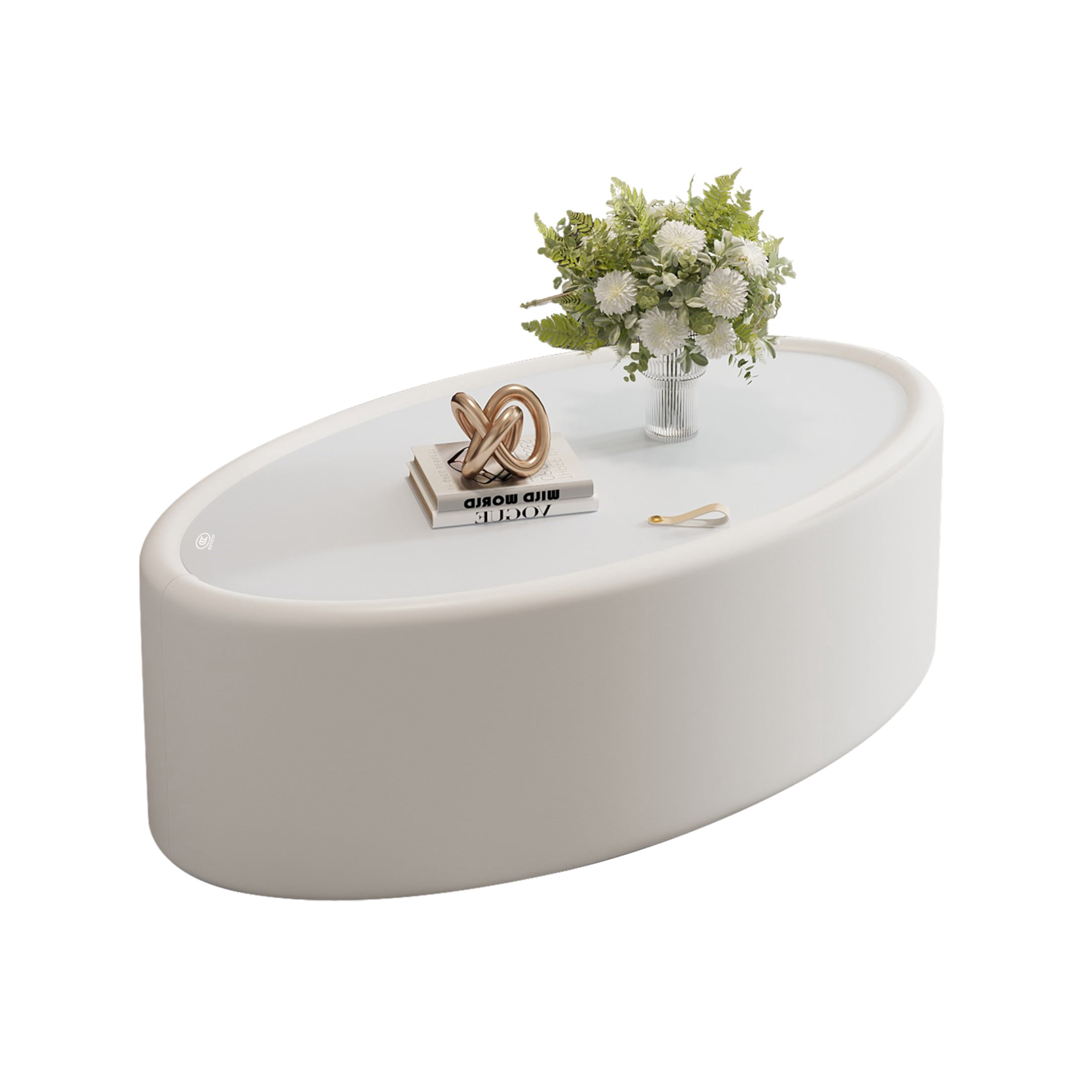 Noble House Morade 33.5" Fluted Oval Storage Coffee Table with Glass Top & Leather Wrapped for Living Room, White