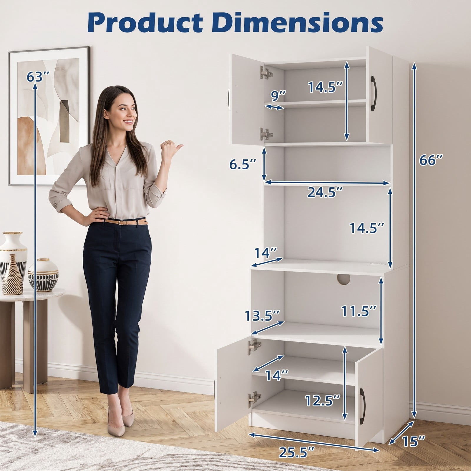 Furnibear 66 Inch Kitchen Pantry Cabinet with Charging Station, Adjustable Shelves and Wide Countertop, Freestanding Storage Hutch for Kitchen Dining Room, White