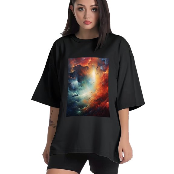 Plus Size Shirt for Women Black Tops for Women Short Sleeves Shirt for Women Nebula T Shirt Crewneck Shirt for Women XS