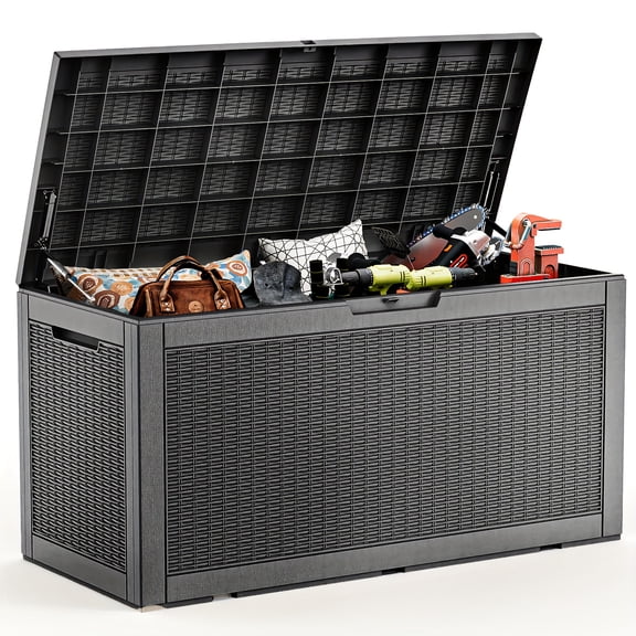 105 Gallon Large Waterproof Resin Deck Box, Lockable Indoor Outdoor Storage Container for Patio Cushions, Garden Tools, Pool Supplies, Outdoor Storage Cabinet, Perfect Holiday Gift