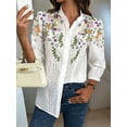 thumbnail image 2 of Women'S Floral Eyelet Embroidery Band Collared 3/4 Puff Sleeve Blouses Button Down Casual Shirts Green XXL, 2 of 4