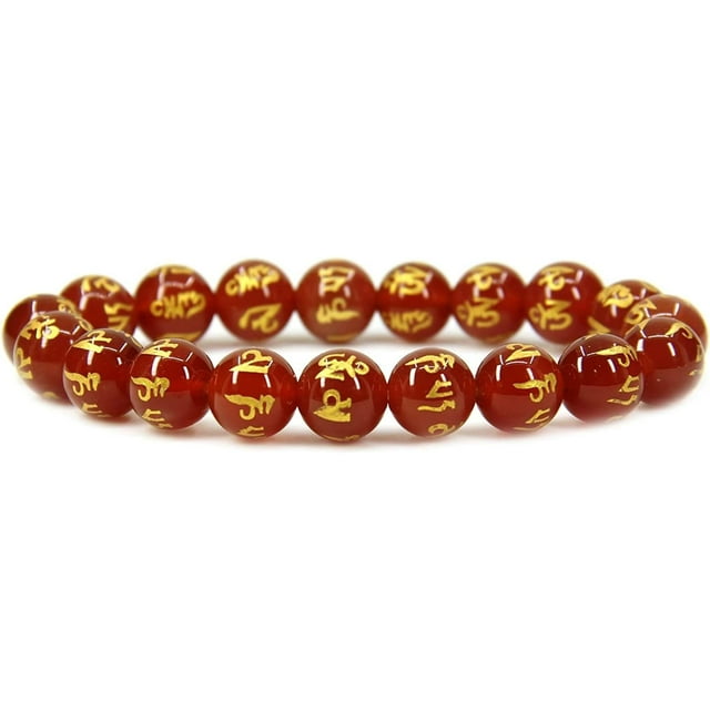 Bracelet Extensible à Perles de 10 mm en Agate Rouge Naturelle à Six Mots, Véritable Semi-Précieuse, Guérison, 7 Pouces Unisexe