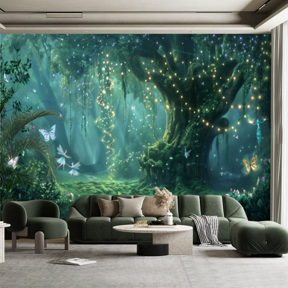 Peel and Stick Canvas Wallpaper Wall Mural Fairies Butterflies Nightshade Flowers Forest Art Wall Art Self Adhesive and Removable 100in x 144in