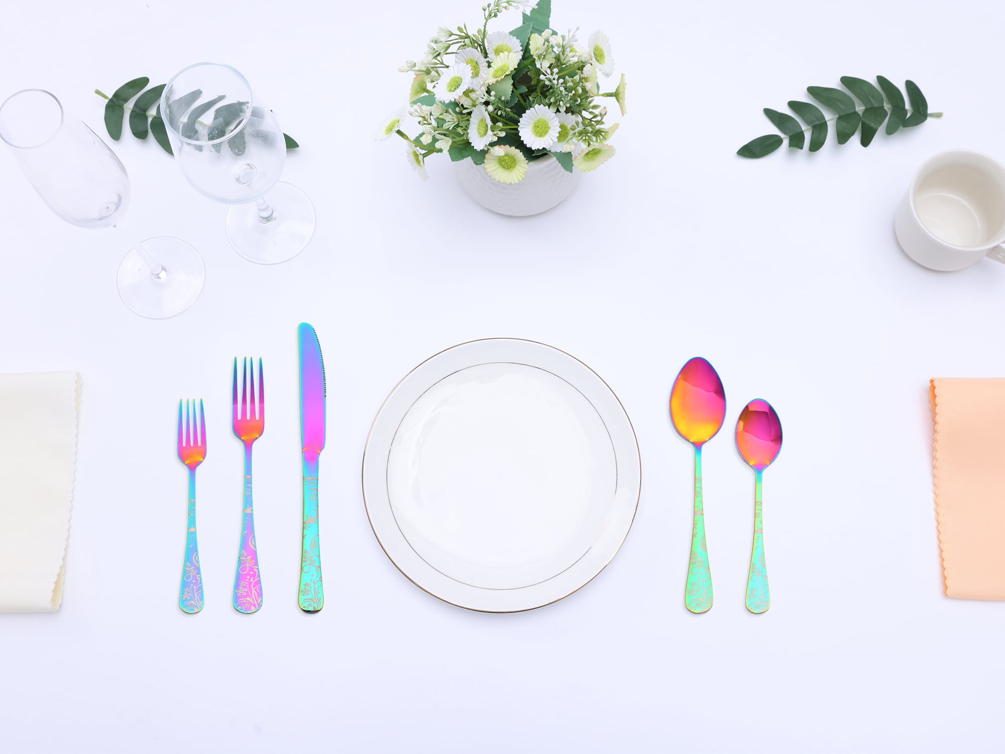 Unique Bargains 20 Piece Stainless Steel Floral Flatware Silverware Set for 4 Colorful