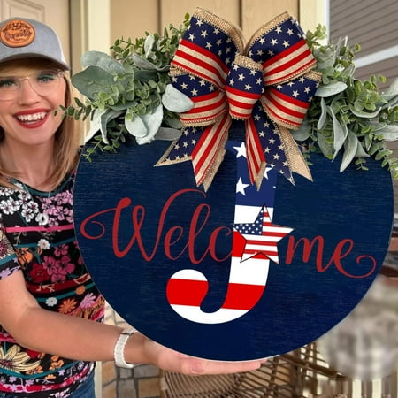 

BingYELH 2024 A-Z Surnames Independence Day Garland - Farmhouse Welcome Sign with Bow for Front Door