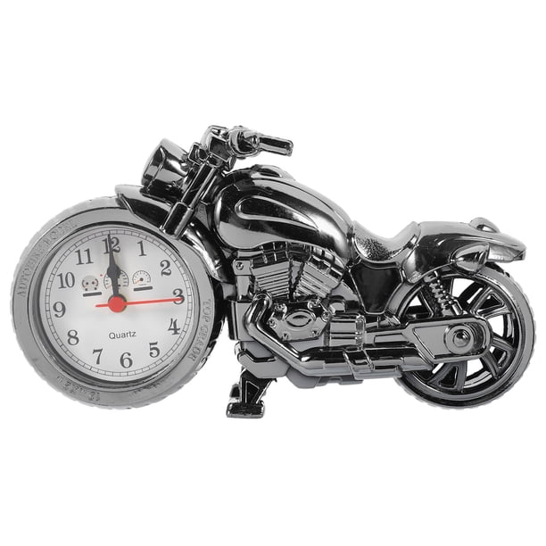 Reloj despertador de motocicleta de estilo antiguo vintage de lujo, regalo único para niños amantes del motor (oro negro, color de rueda aleatorio)