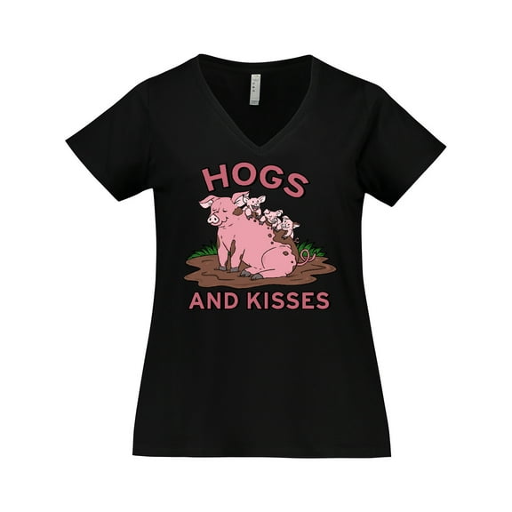 Inktastic Hogs and Kisses with Cute Pig Family Women's Plus Size V-Neck T-Shirt
