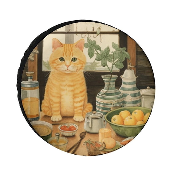 Camper Spare Tire Cover 12inch Orange Cat In Kitchen Wheel Tire Cover Waterproof Sun Protection Cat Themed Gift For Cat Lovers Universal Fit for Trailer SUV Truck Camper Travel Trailers