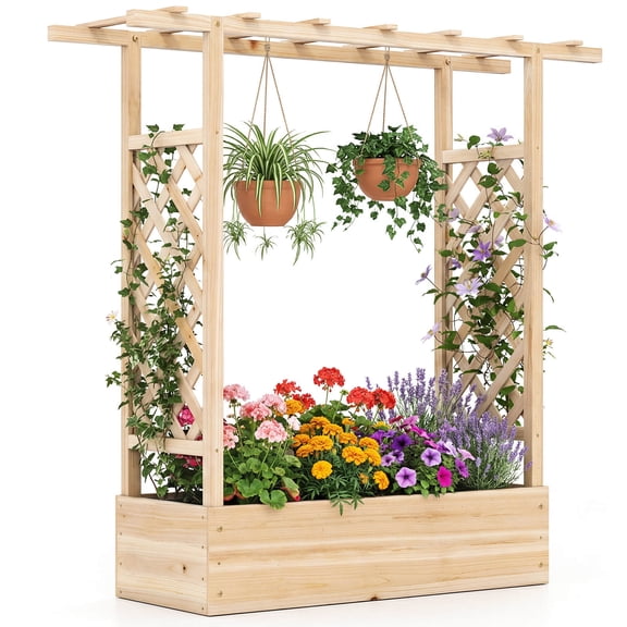 Costway 1 PCS Wooden Raised Garden Bed with Trellis & Hanging Roof, Drainage Holes for Plants Natural